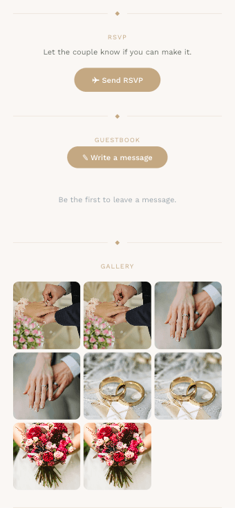 Vellio mobile invitation RSVP and gallery preview